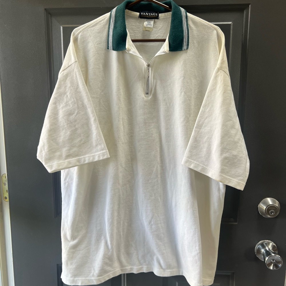 Vantage White Polo Shirt with Green Collar